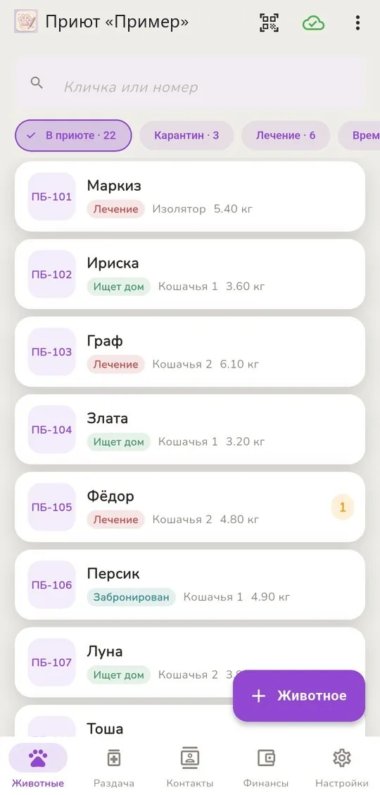 Список животных приюта
